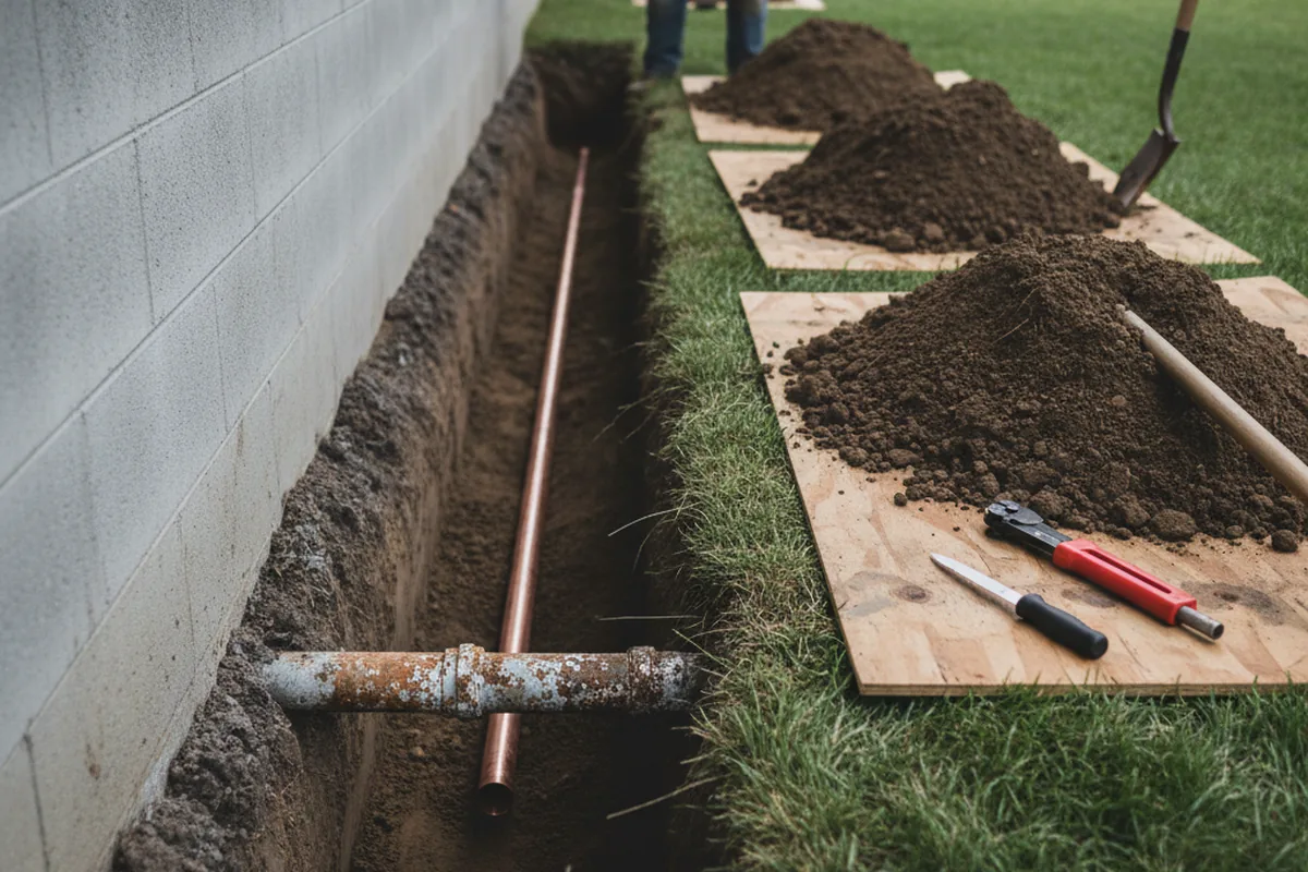 Excavated water line trench during Sewer Line Repair in Arkport